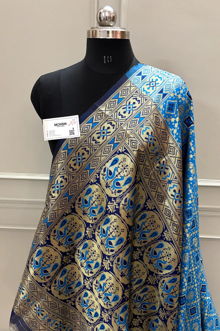 Firozi and Navy Blue Silky Banarasi Saree