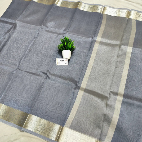 Grey Tarbana Plain Tissue Silk Banarasi Saree