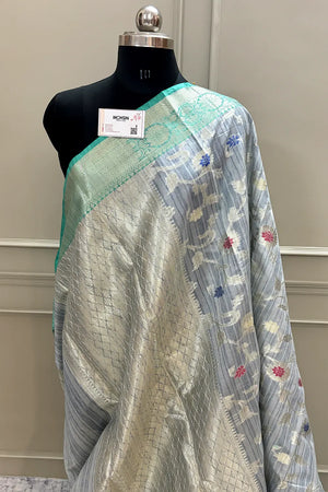 Grey and Sea Green Golden Zari Tussar Silk Banarasi Saree
