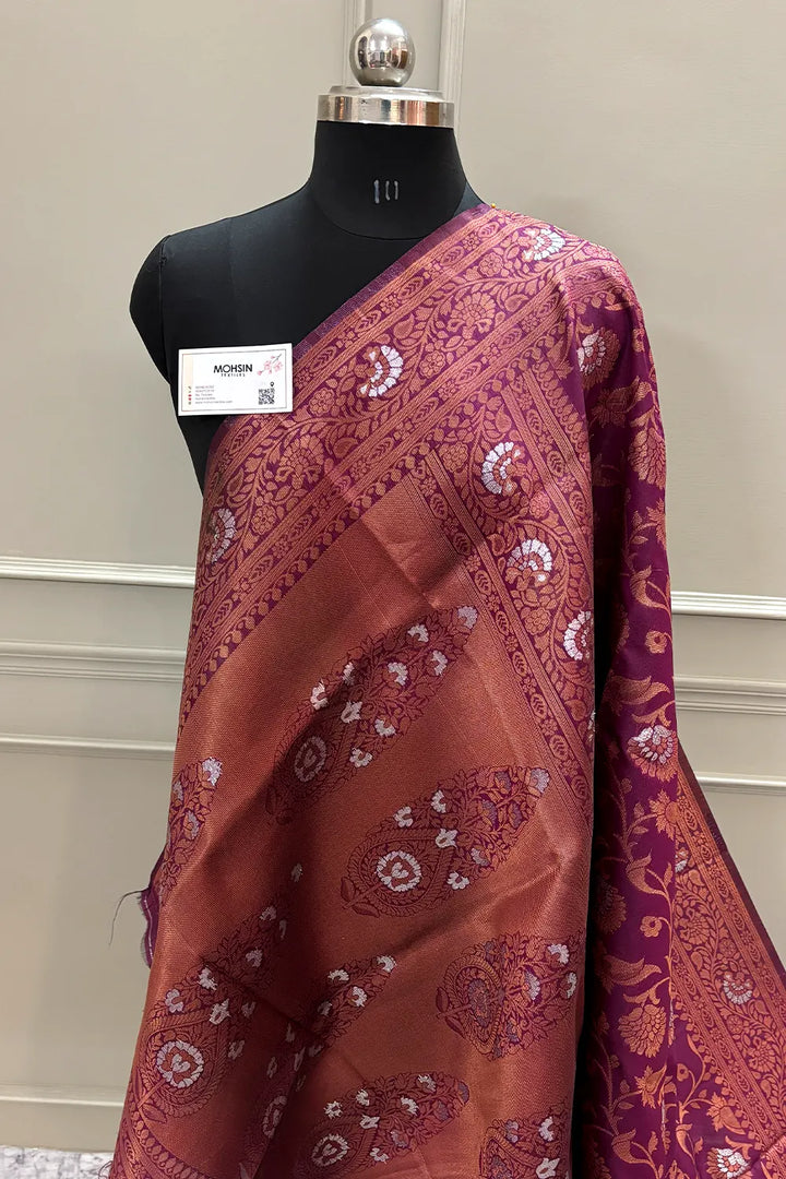 Magenta Antique Zari Satin Silk Banarasi Saree