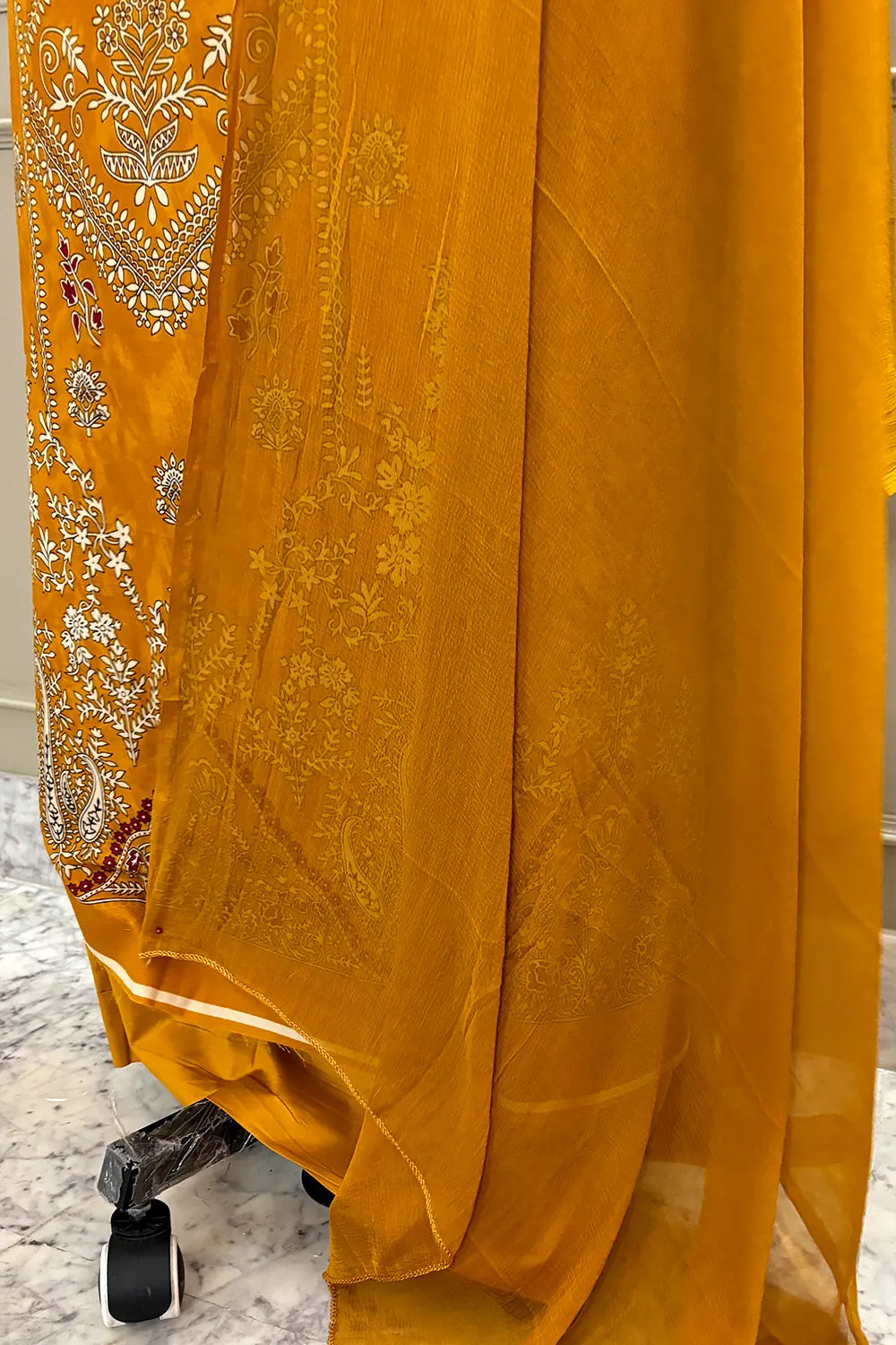 Mustard Printed Cotton Silk Banarasi Suit
