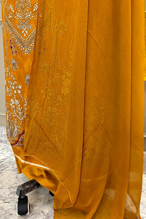 Mustard Printed Cotton Silk Banarasi Suit