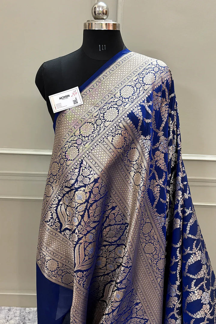 Navy Blue Gulista Jaal Katan Silk Banarasi Saree