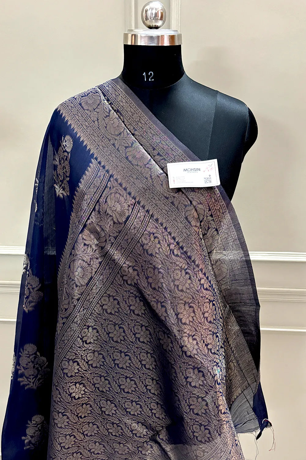 Navy Blue Resham Zari Cotton Silk Banarasi Saree