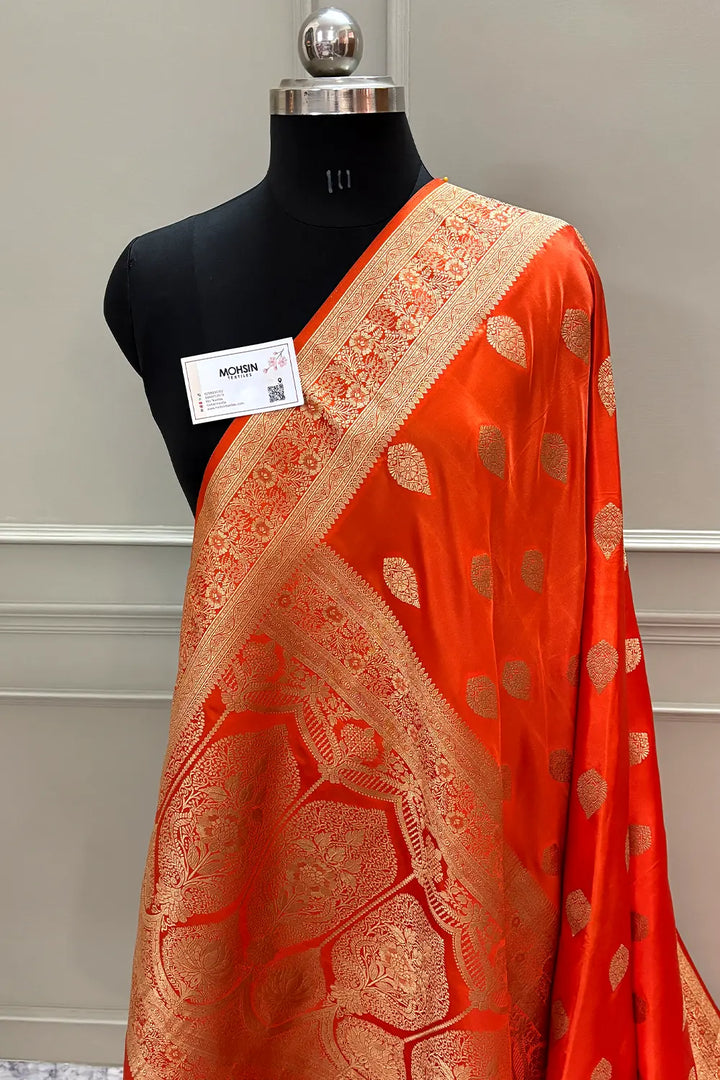 Orange Badami Buta Katan Silk Banarasi Saree