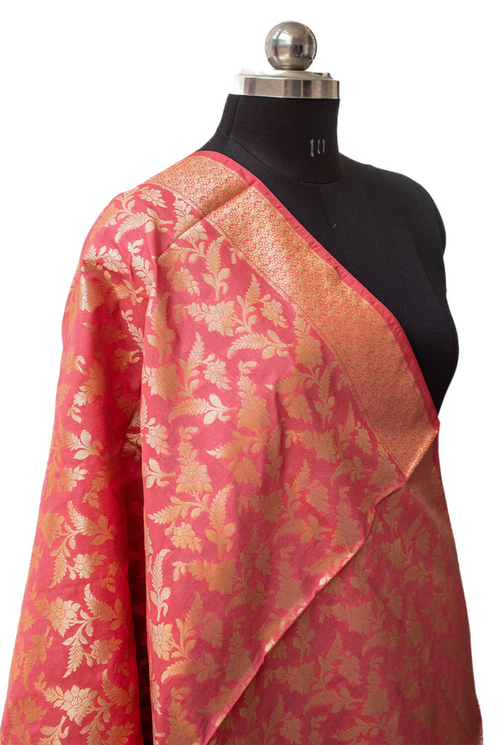 Peach Golden Zari Katan Silk Banarasi Dupatta