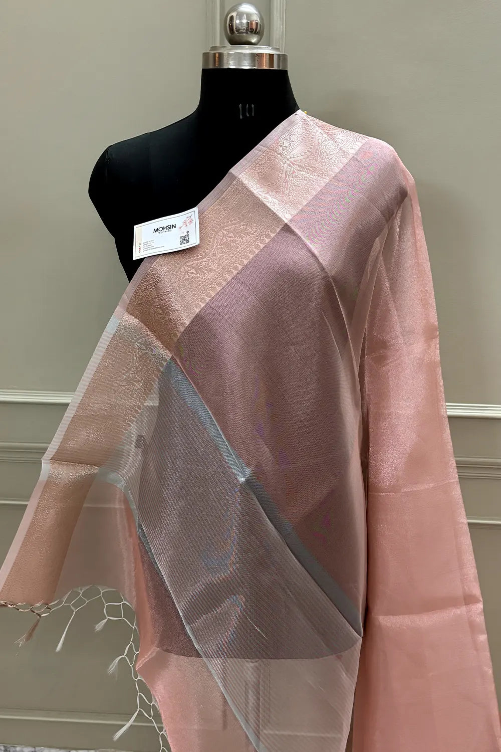 Peach Golden Zari Tissue Silk Banarasi Saree