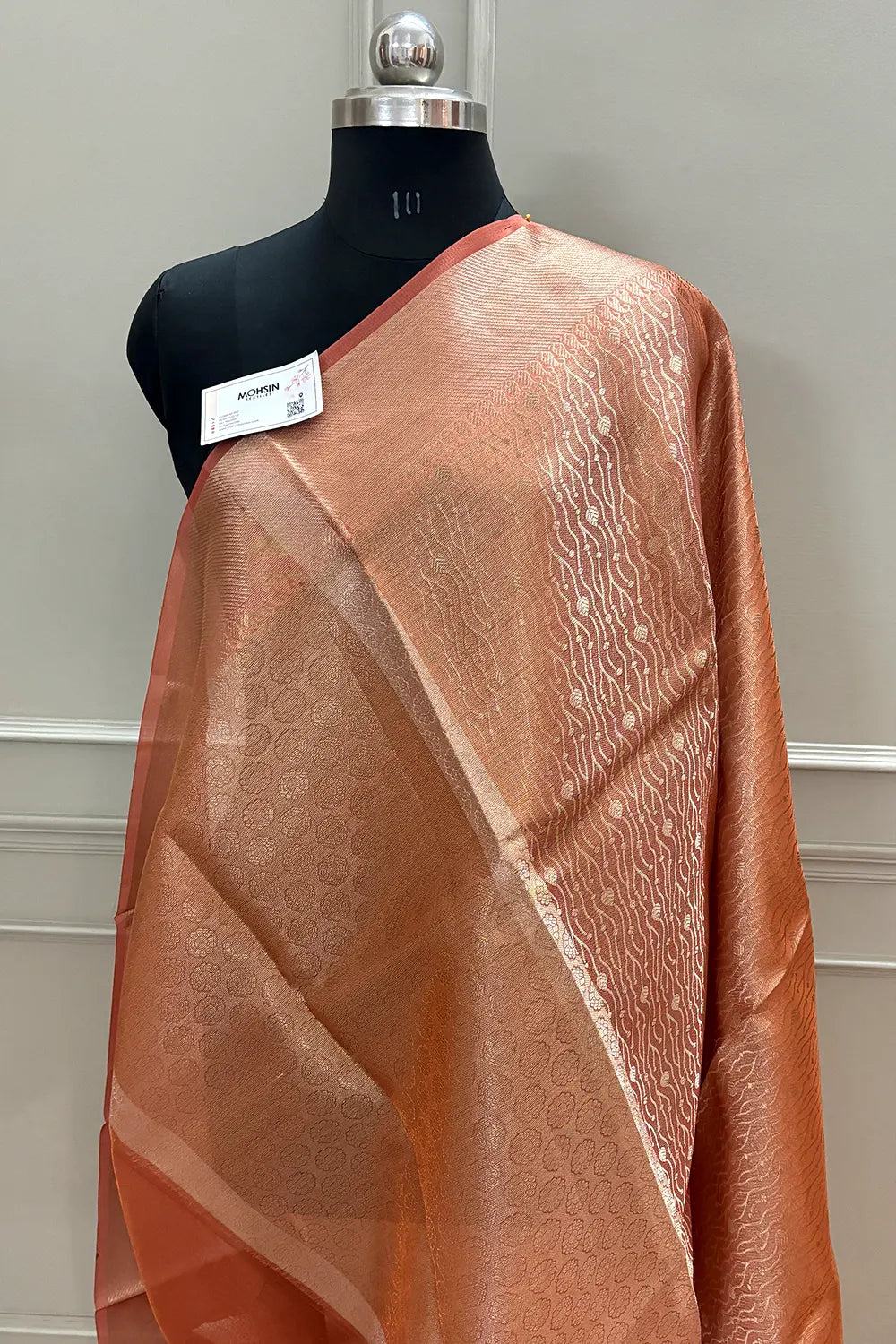 Peach Golden Zari Tissue Silk Banarasi Saree