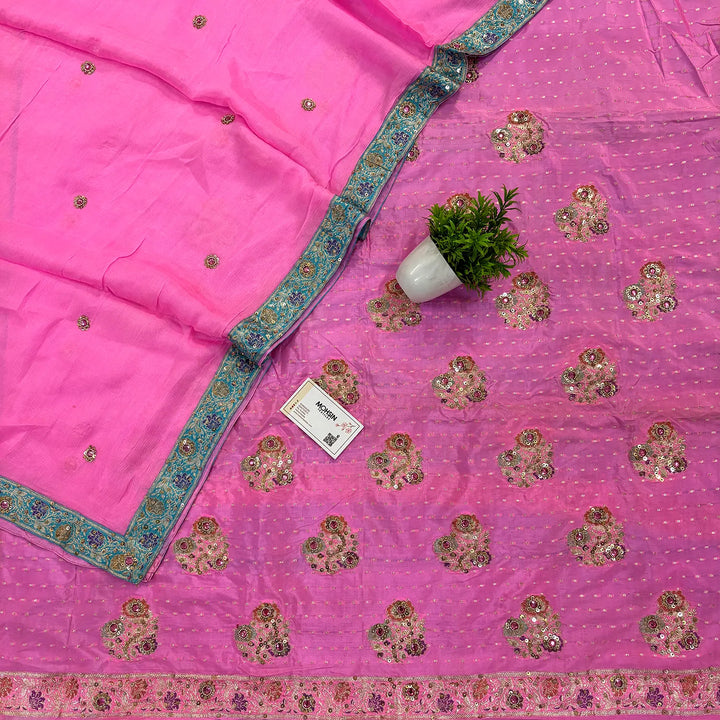 Pink Golden Zari Katan Silk Banarasi Suit