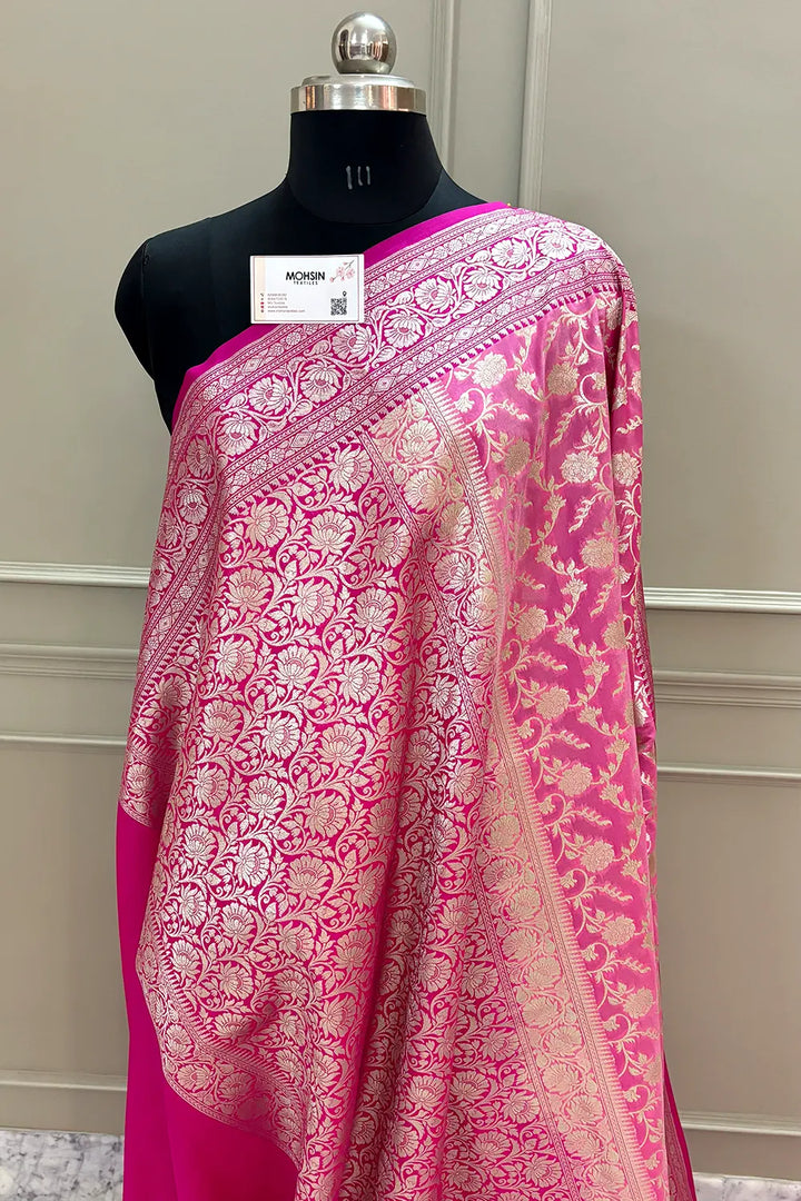 Pink and Rani Gulabi Jaal Katan Silk Banarasi Saree