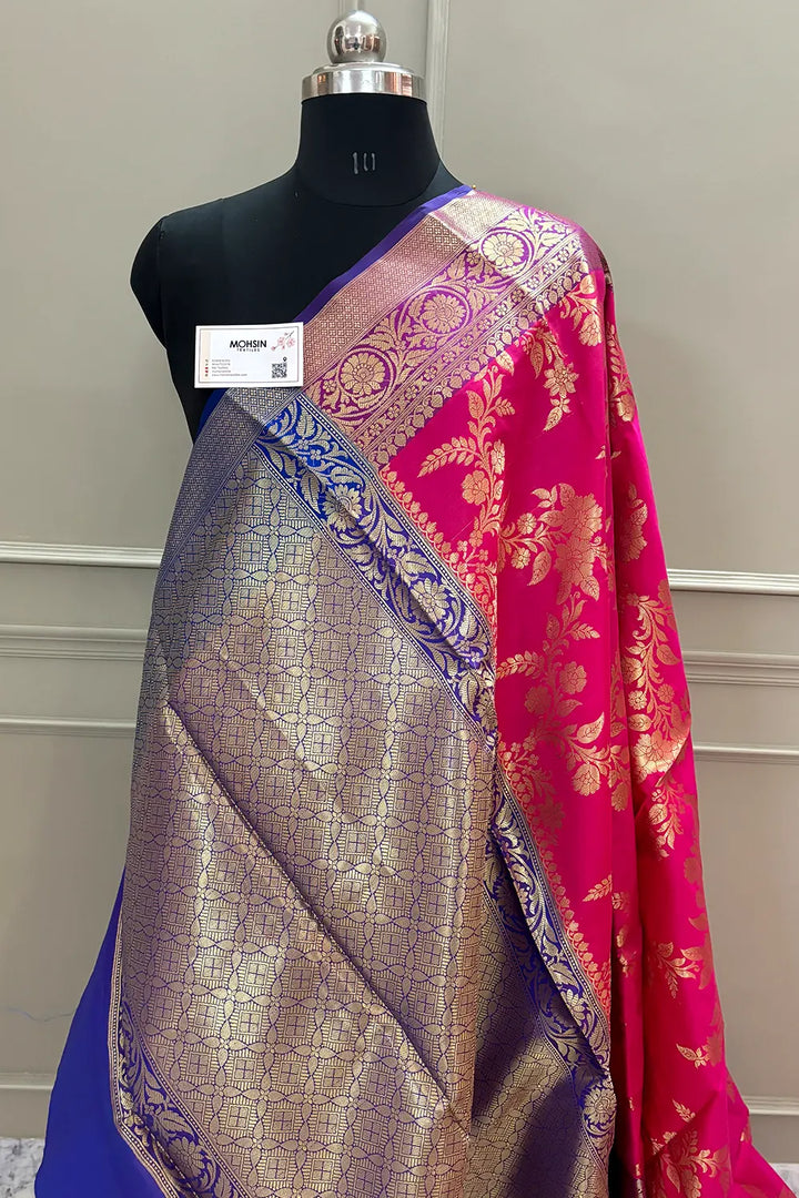 Pink and Royal Blue Bharama Jaal Satin Silk Banarasi Saree