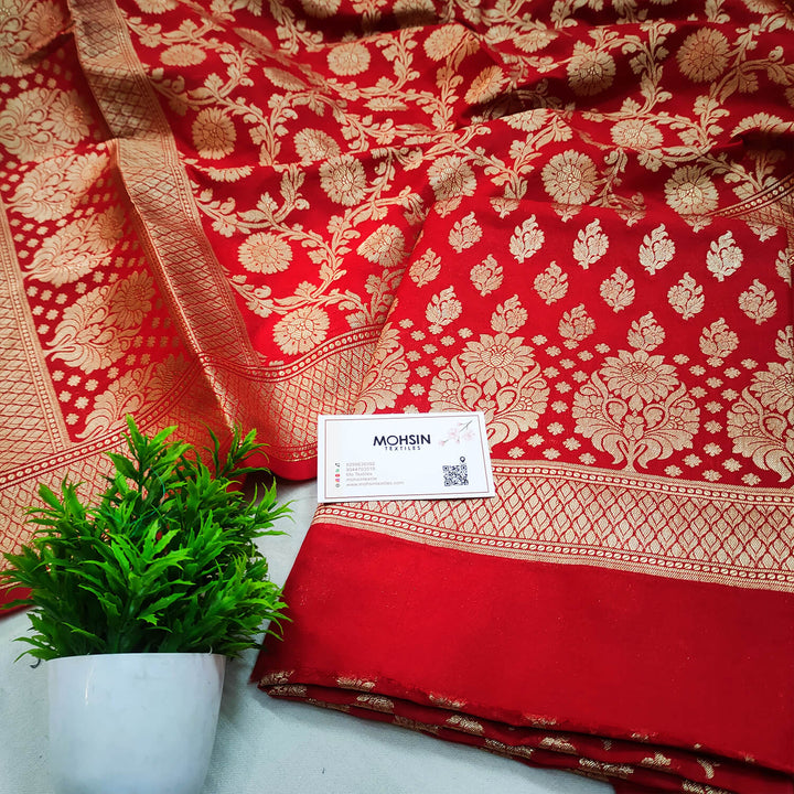 Red Golden Zari Katan Silk Banarasi Suit
