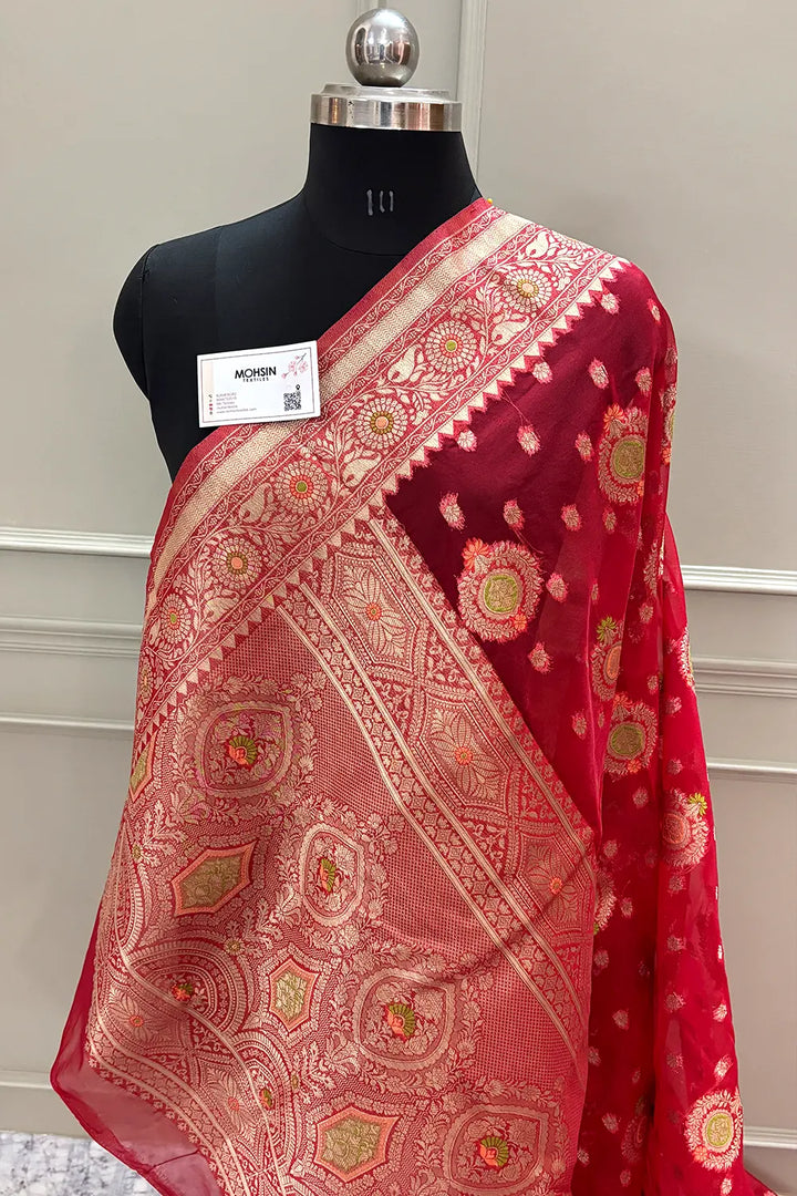 Red Golden Zari Organza Silk Banarasi Saree