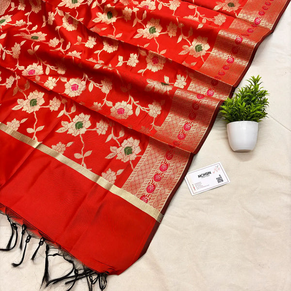 Red Meenakari Satin Silk Banarasi Dupatta