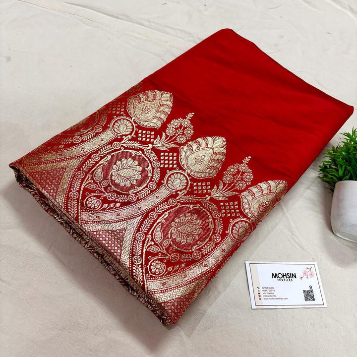 Red Plain Golden Zari Katan Silk Banarasi Saree