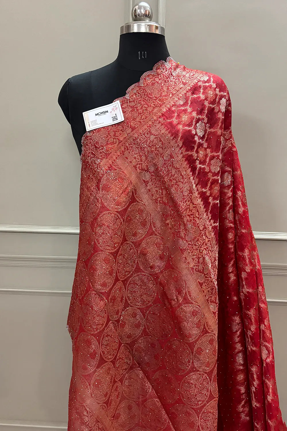 Red Resham Zari Siroski Stone Cotton Silk Banarasi Saree