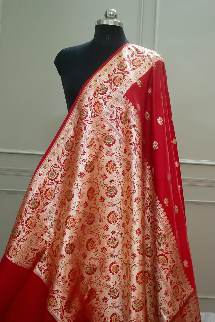 Red Twins Buti Katan Silk Banarasi Saree