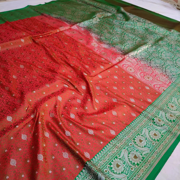 Red and Green Jamewar Katan Silk Banarasi Saree
