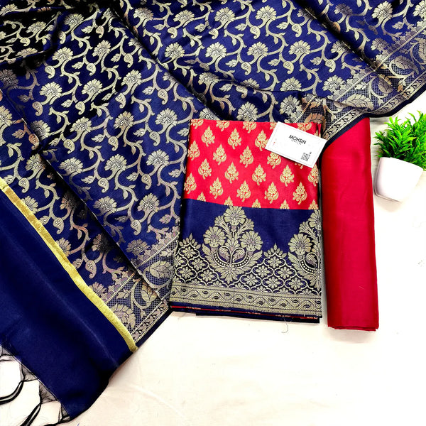 Red and Navy Blue Contrass Satin Silk Banarasi Suit