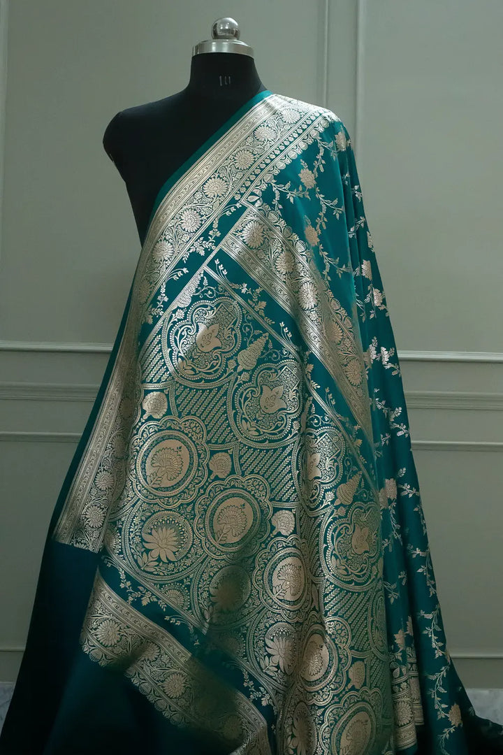 Teal Akbari Jaal Katan Silk Banarasi Saree