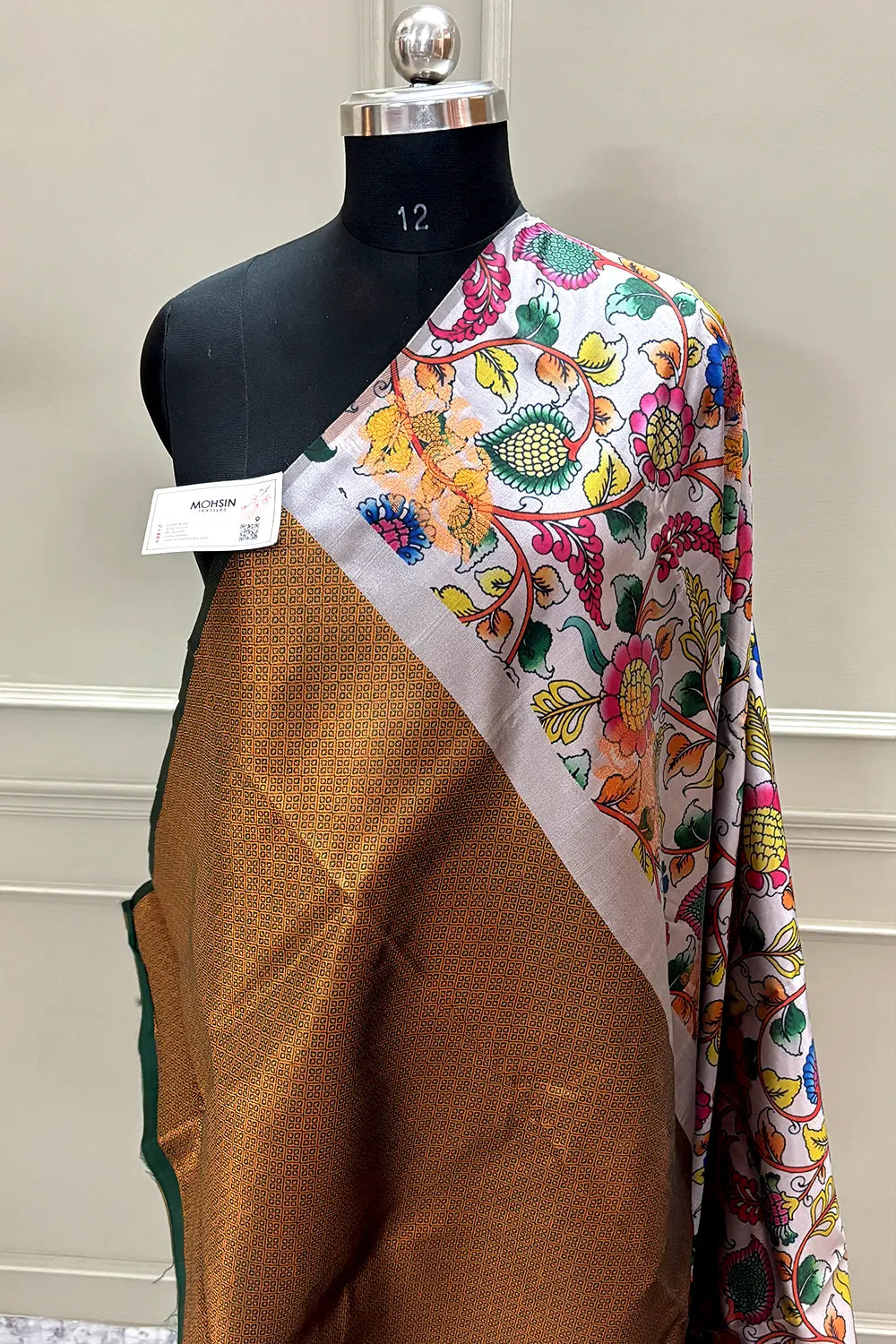 White and Bottle Green Printed Silk Saree