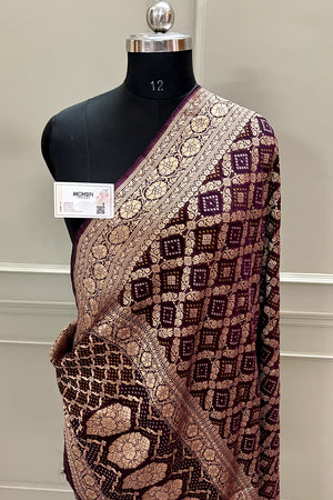 Wine Bandhej Georgette Silk Banarasi Saree
