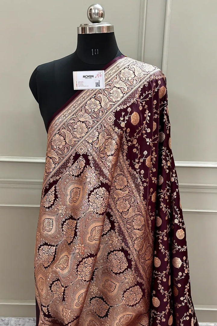 Wine Churmuri Jaal Katan Silk Banarasi Saree