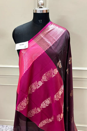 Wine and Pink Golden Zari Banarasi Silk Saree