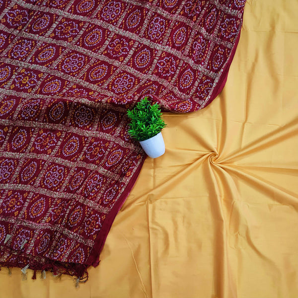 Yellow Plain Banarasi Silk Suit With Bandhej Printed Dupatta