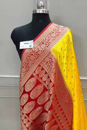 Yellow and Red Golden Zari Katan Silk Banarasi Saree