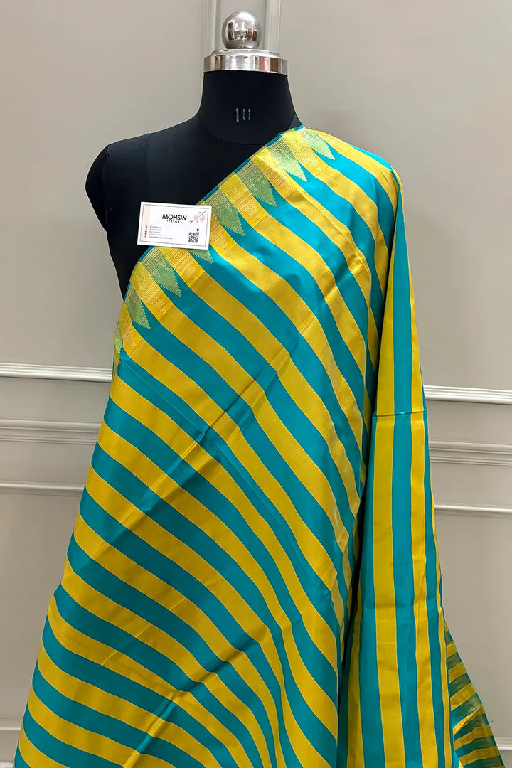 Yellow and Sea Green Stripe Plain Satin Silk Banarasi Saree