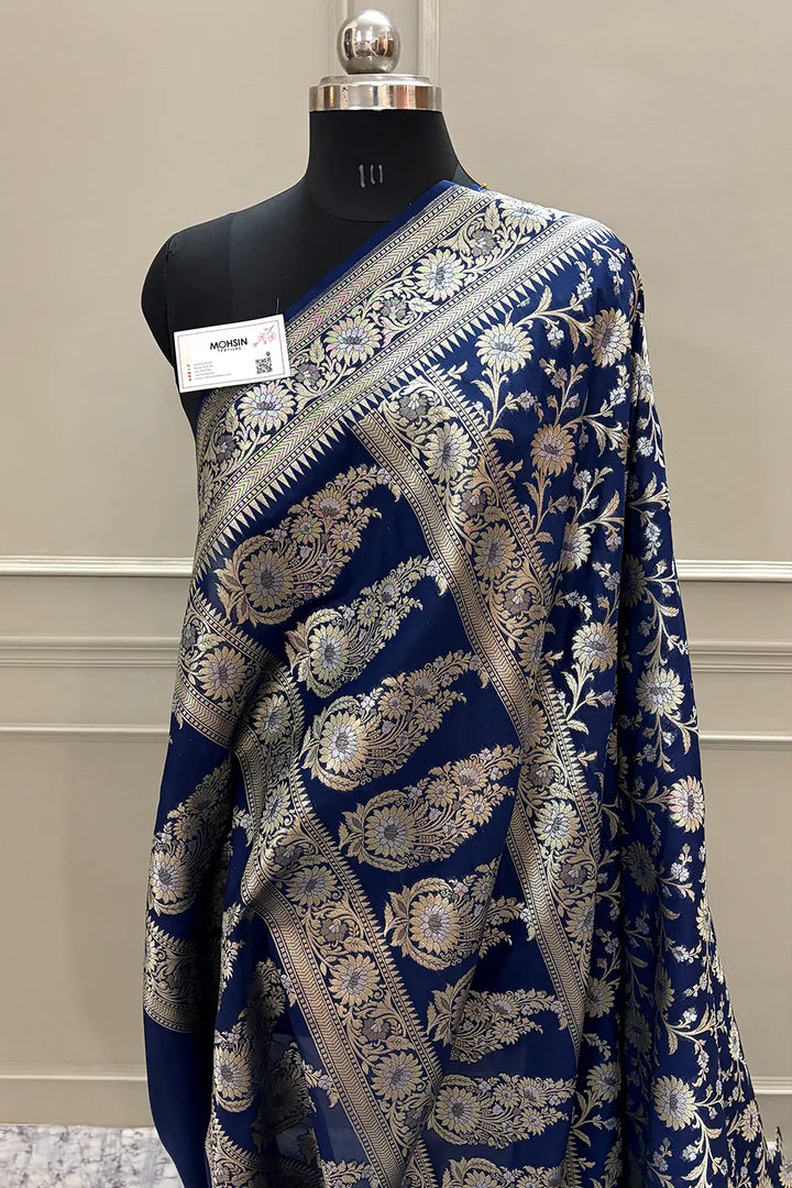 Navy Blue Ganga Jamuna Crepe Silk Banarasi Saree