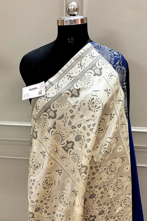 Navy Blue and Beige Plain Resham Silk Banarasi Saree
