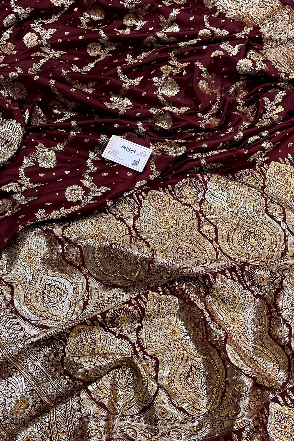 Wine Tirchi Daal Stone Work Katan Silk Banarasi Saree