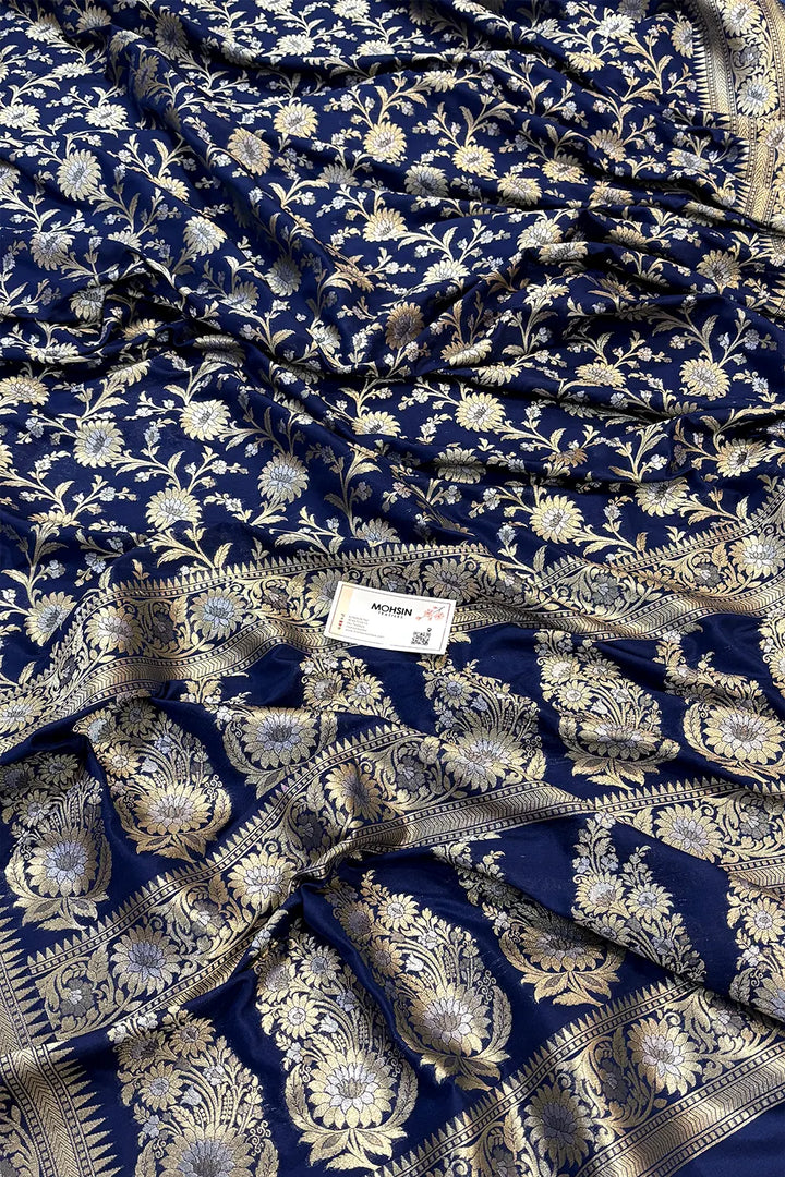 Navy Blue Ganga Jamuna Crepe Silk Banarasi Saree