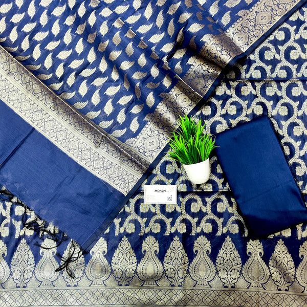 Navy Blue Kalgha Jaal Banarasi Silk Suit