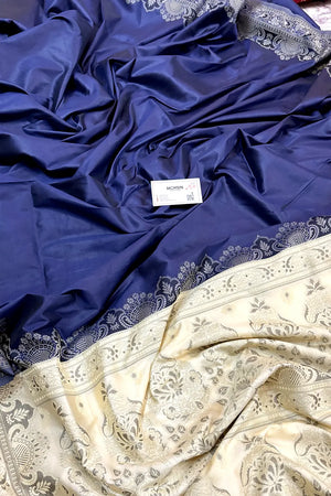 Navy Blue and Beige Plain Resham Silk Banarasi Saree