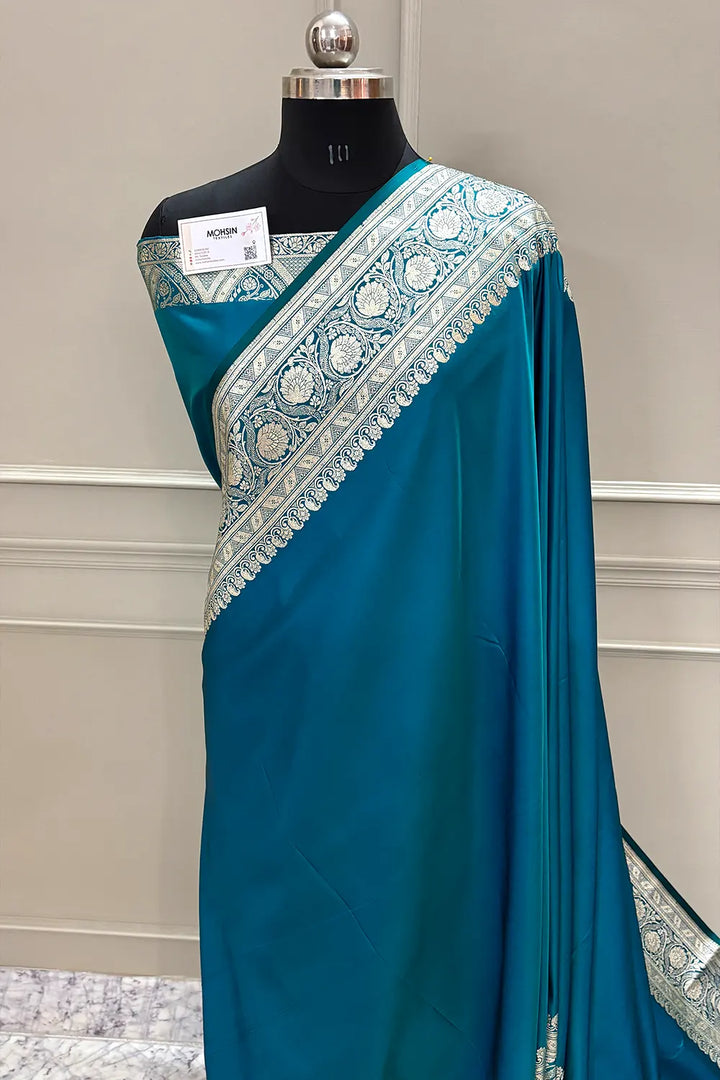 Teal Royal Plain Katan Silk Banarasi Saree