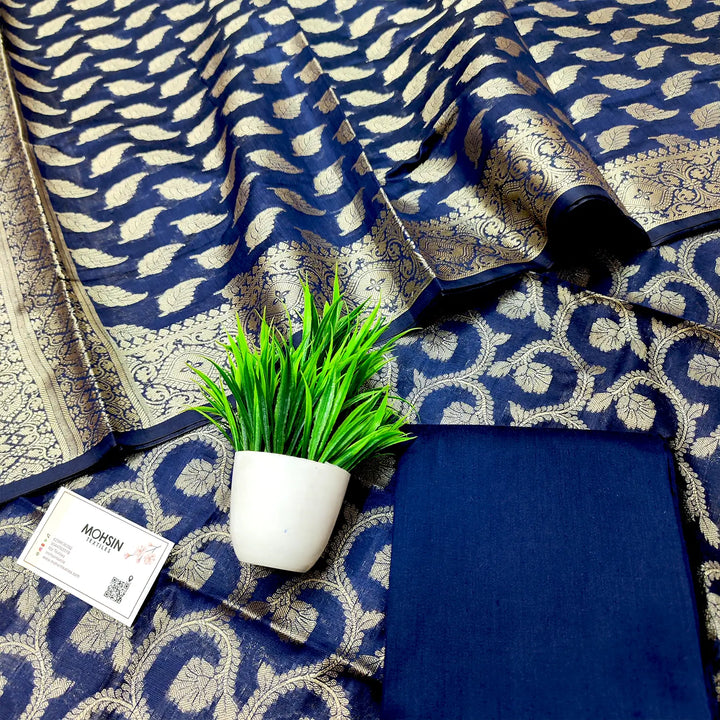 Navy Blue Kalgha Jaal Banarasi Silk Suit