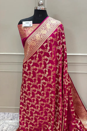 Rani Pink Moglai Jaal Katan Silk Banarasi Saree