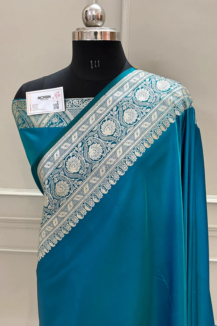 Teal Royal Plain Katan Silk Banarasi Saree