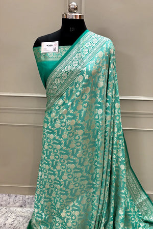 Mint and Sea Green Gulabi Jaal Katan Silk Banarasi Saree