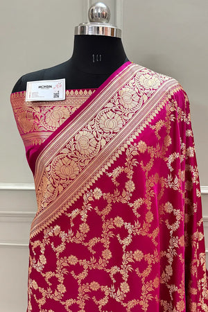 Rani Pink Moglai Jaal Katan Silk Banarasi Saree