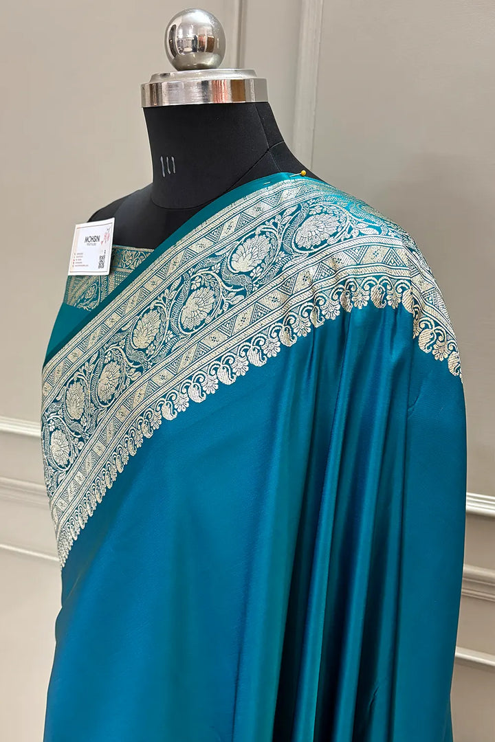 Teal Royal Plain Katan Silk Banarasi Saree