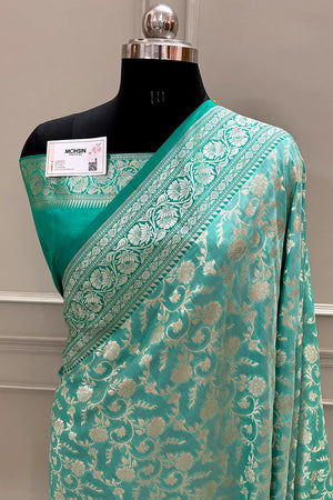 Mint and Sea Green Gulabi Jaal Katan Silk Banarasi Saree