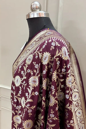 Wine Ganga Jamuna Crepe Silk Banarasi Saree

