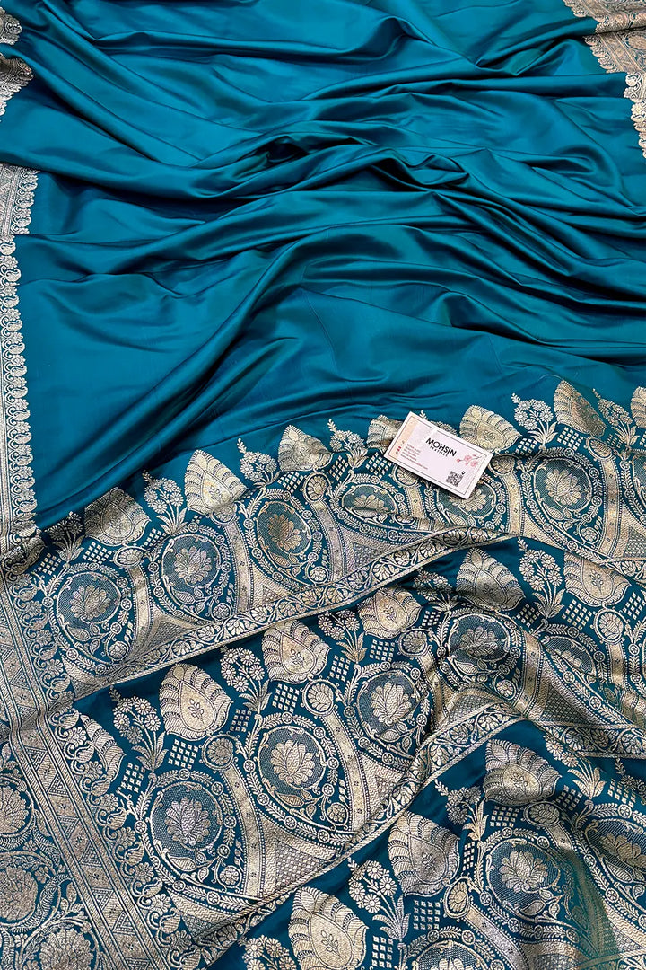 Teal Royal Plain Katan Silk Banarasi Saree