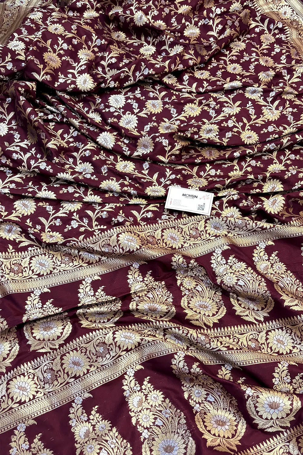Wine Ganga Jamuna Crepe Silk Banarasi Saree
