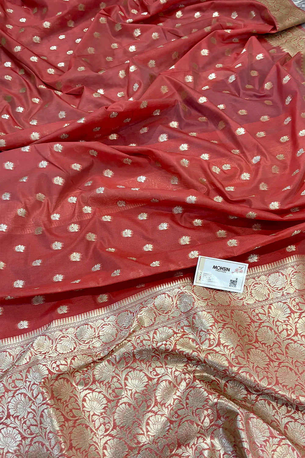 Peach Ghonga Buti Katan Silk Banarasi Saree