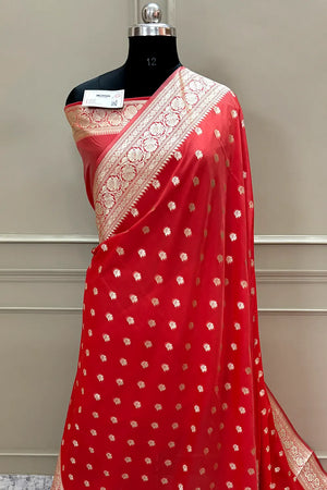 Dark Peach Ghonga Buti Katan Silk Banarasi Saree